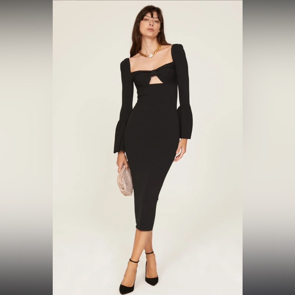 New Self-Portrait Rib Knit Bow Bust Midi Dress in a Large